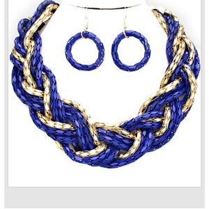 Royal Blue Gold Necklace Earrings Metal Alloy Braided Chain Set Super Chunky